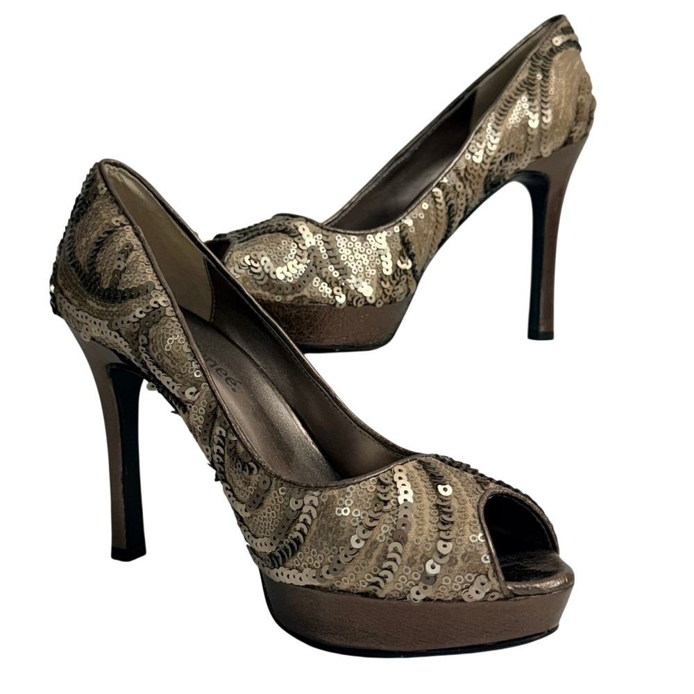 J. Renee Peep Toe Platform Pumps Kenzie 9.5 Bronze Sequin Stiletto Heels Glam - Picture 1 of 8